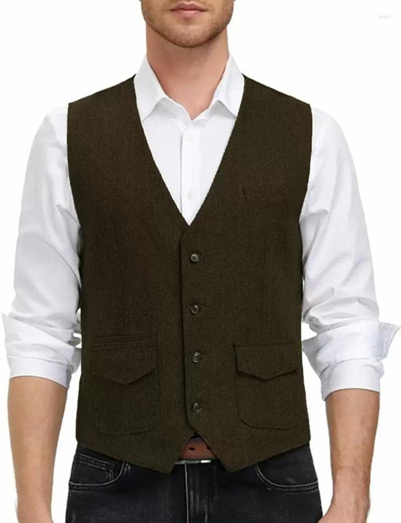 

Men' Vests Men' V-Neck Herringbone Suit Vest Wool Blend Single Breasted Casual Formal Business Groomsmen Wedding Prom, Khaki