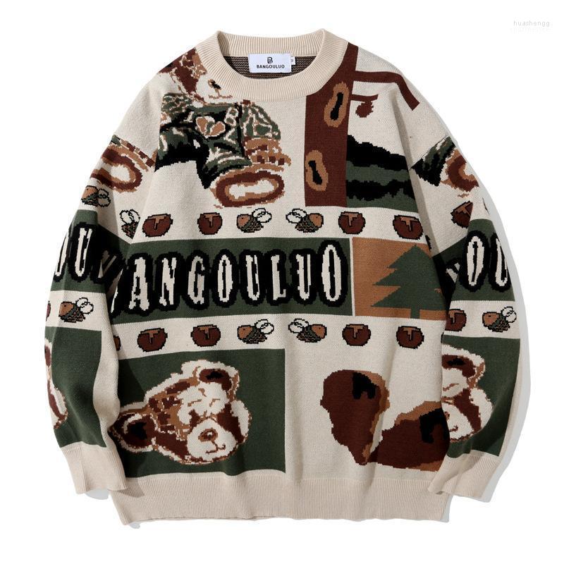 

Men's Sweaters Men's 2022Vintage Color Matching Bear Winter Sweater Men And Women High Street Round Neck Couples Loose Warm Pullover, Green