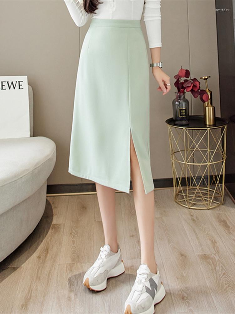 

Skirts Summer Autumn Women Casual Elegant Split Skirt Office Lady Fashion Female Solid High Waist, Black
