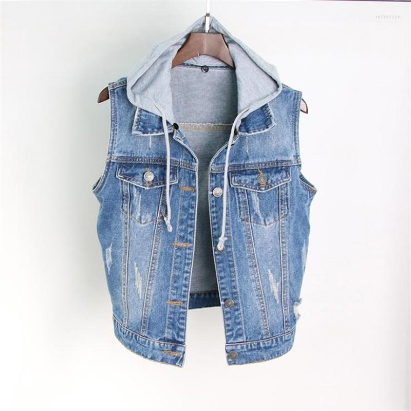 

Women's Vests Women's Spring Plus Size Denim Female Autumn Oversize Vest Woman Hooded Waistcoat Lady Vaquero Chaleco Cow-boy Gilet, Blue overcoat