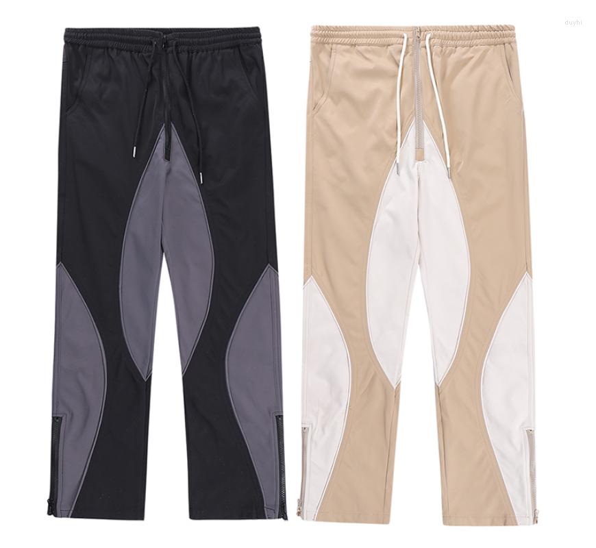 

Men' Jeans 2022 Brand Mens PU Patchwork Sweat Pants Streetwear Half Zipper Colorblock Casual Trousers Oversize Men Elastic Waist Track, Black
