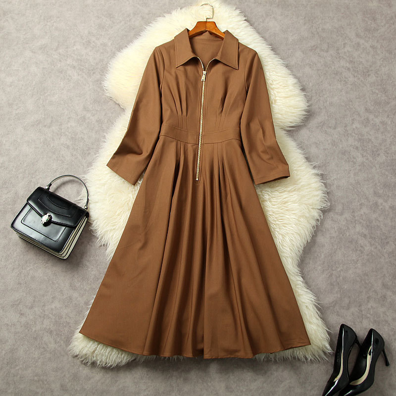 

2022 Autumn Lapel Neck Solid Color Panelled Dress Long Sleeve Zipper Mid-Calf Midi Casual Dresses L2O082124, Brown