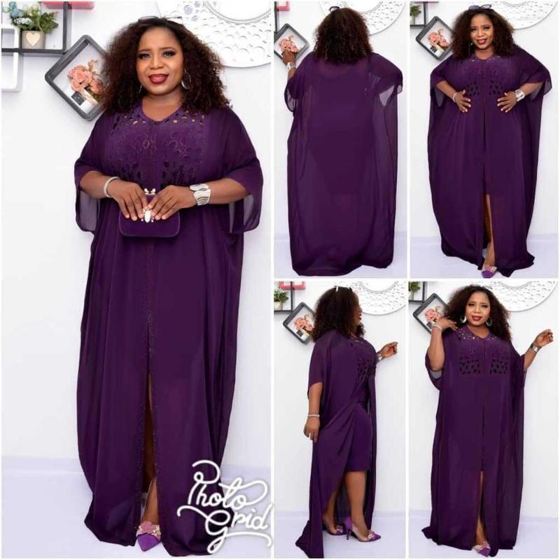 

Casual Dresses African Mother Dress Two-piece Set Fashionable Floral Chiffon Fabric Drill Elastic Inner Skirt, Purple