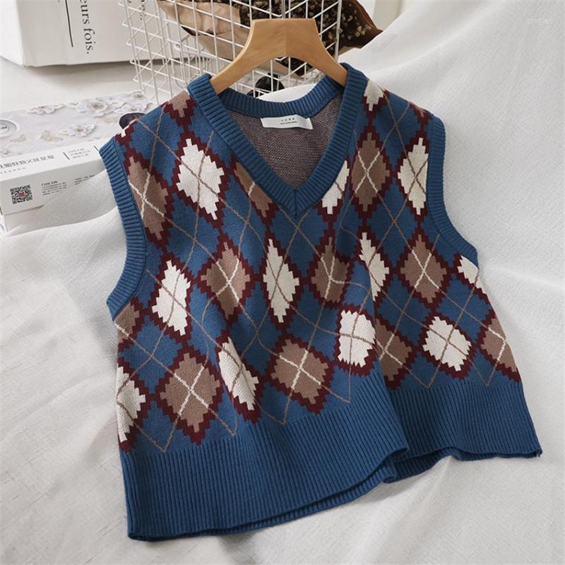 

Women's Vests Preppy Style Knit Vest Women Knitted Argyle Sweater Sleeveless Plaid Waistcoat Autumn Short Outwear Chalecos Para Mujer, Color 4