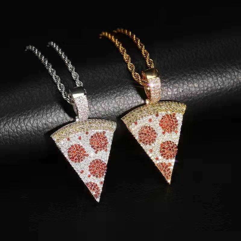 Iced Out Pizza Pendant Necklace for Men Luxury Designer Mens Bling Diamond Food Pendants Gold Silver Hip Hop Necklaces Jewelry Lov