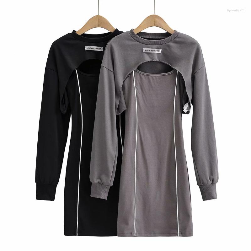 

Casual Dresses Y2k Fashion Women Slim Fit Suspender Dress Round Neck Long Sleeve Sweatshirt Female Babes Two-piece Suit Mujer, Black