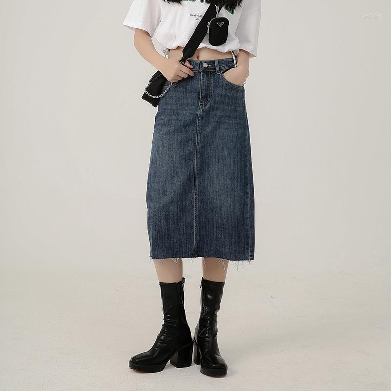 

Skirts 2022 Autumn Streetwear Cotton Jeans Women Vintage Stretch Elastic High Waisted Denim Woman Skirt Ripped Slit Midi, Blue