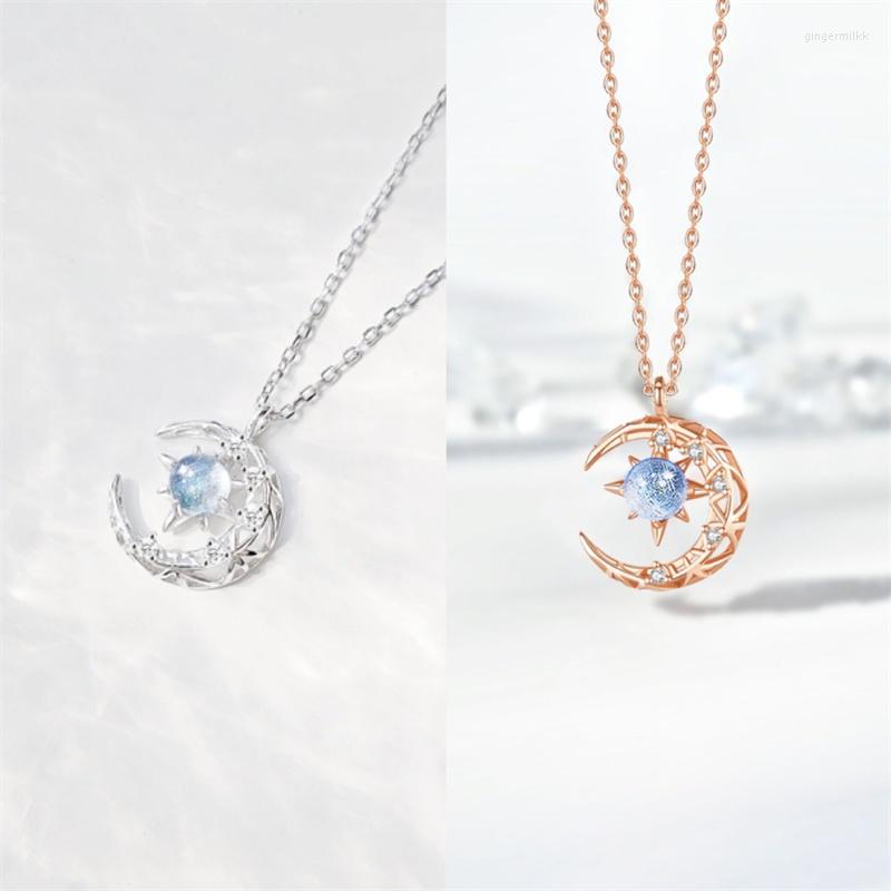 

Pendant Necklaces Creative Blue Star Moon Shape Necklace Female Dream Falling Hollow Crescent Rhinestone Clavicle Chain