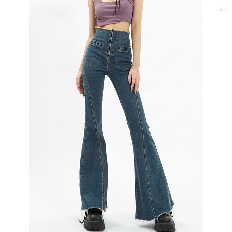 

Women' Jeans Streetwear Women Boot Cut Flare High Waist Solid Skinny Denim Summer Casual Blue Pants Korean Fashion Capris Ins, Deep blue