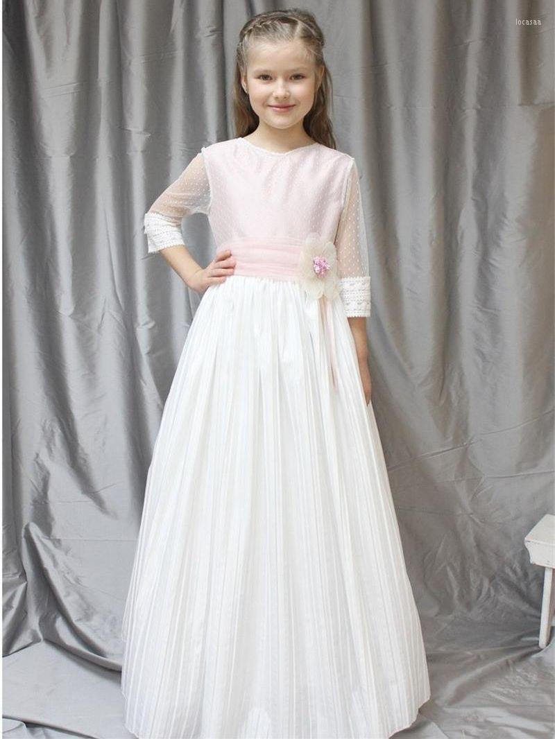 

Girl Dresses O Neck Lace Three Quarter Illusion Sleeves Flower Bow A Line Floor Length Rustic Dress, Black