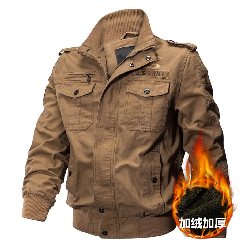 

QNPQYX Spring and autumn military Men's jacket male cotton water wash collar pilot cotton jacket large size plus velvet winter youth, A3
