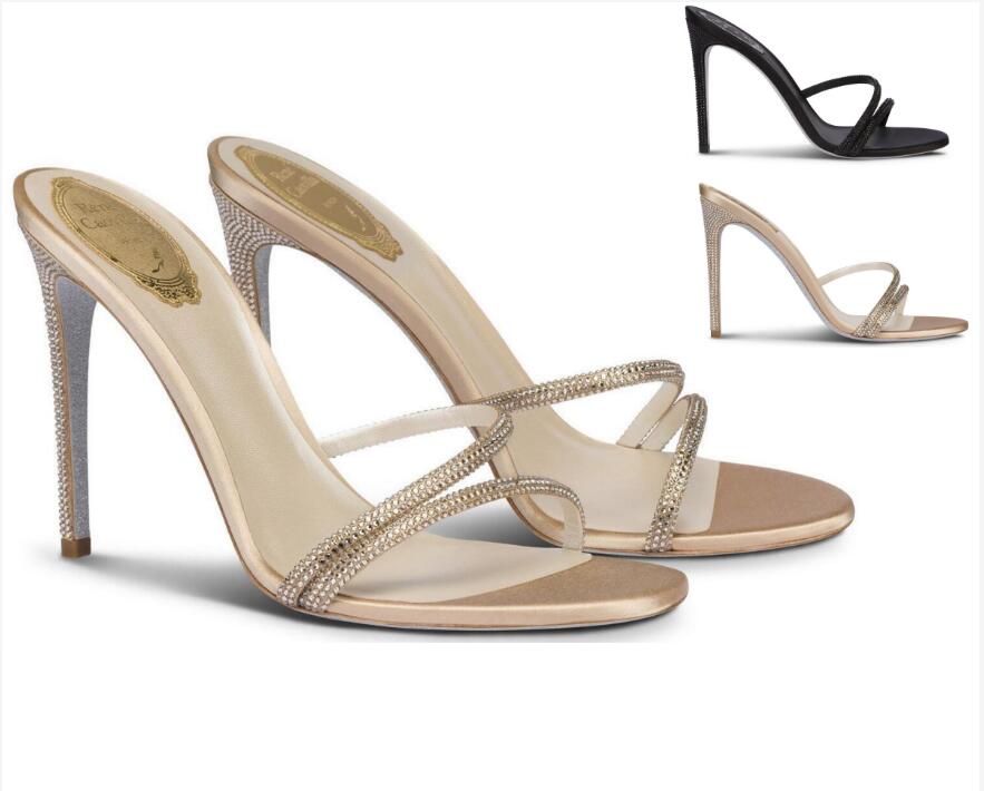 

22s Designer Elegance rene Rene Irina Sandals Shoes Women Crystal Strap Mule Lady Slip On High Heels Sexy Slippers EU35-43 With Box