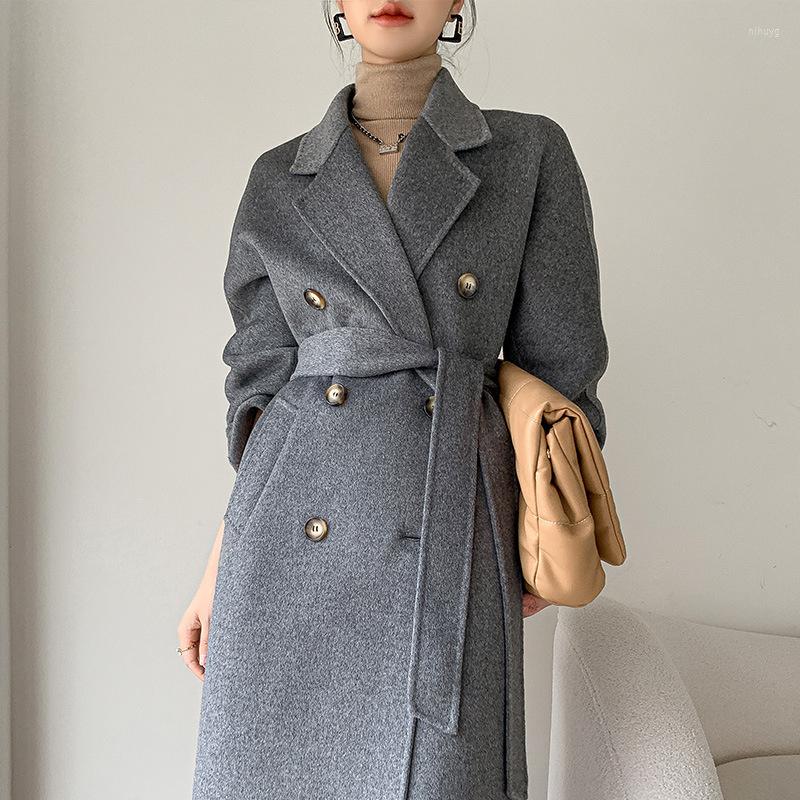 

Women's Wool 2022 Fashion Women Double-face Cashmere Coat Autumn Winter Long Jackets Female Overcoat Belt Slim Casual Woolen Outerwear, Red