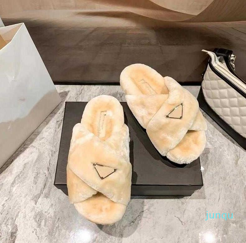 

Winter Womens Slippers Designer Cross Vamp Wool Home Sandal Flat Bottom Leisure Slides Fluffy Plush Fashion Warmth Woollen Plush Slipper 76, Black