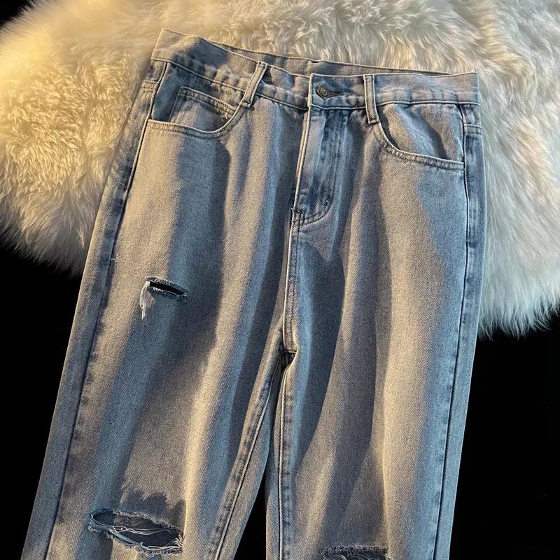

Men's Jeans Denim Ankle-Length Pants Korean Style Fashion Casual Baggy Wide-leg Male Trousers Men's Shredded, Blue