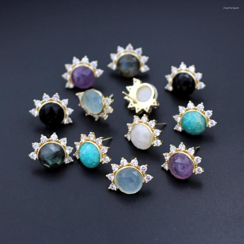 

Dangle Earrings 6pair Gold Plated Stud CZ Paved Sunburst White Jade Amethyst Blue Amazonite Stone Women Jewelry