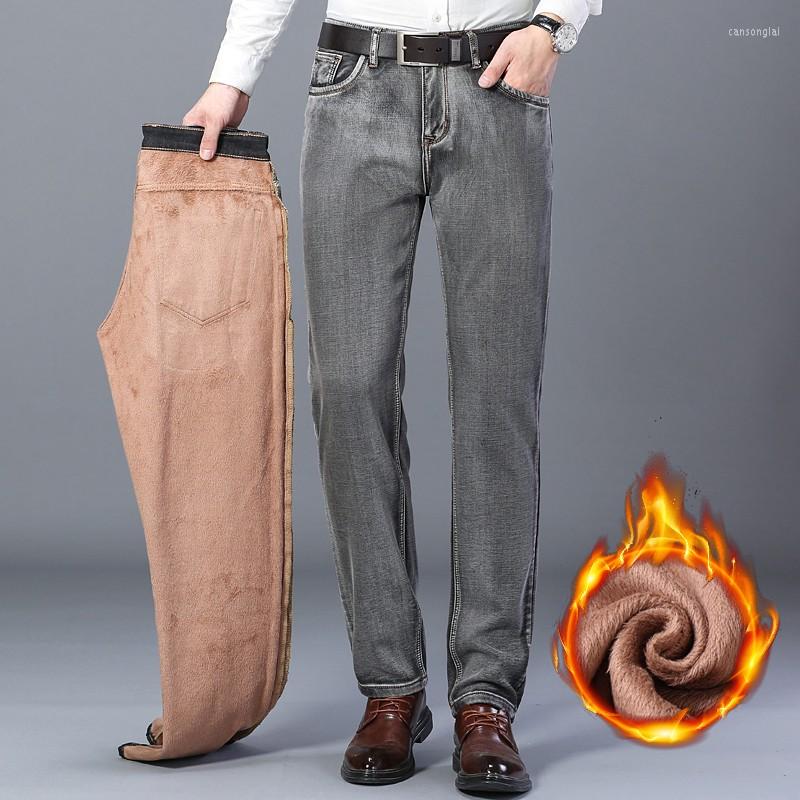 

Men's Jeans 2022 Classic Style Gray Cotton Brand Men's Straight Winter Fleece Thick Comfortable Warm High Quality
