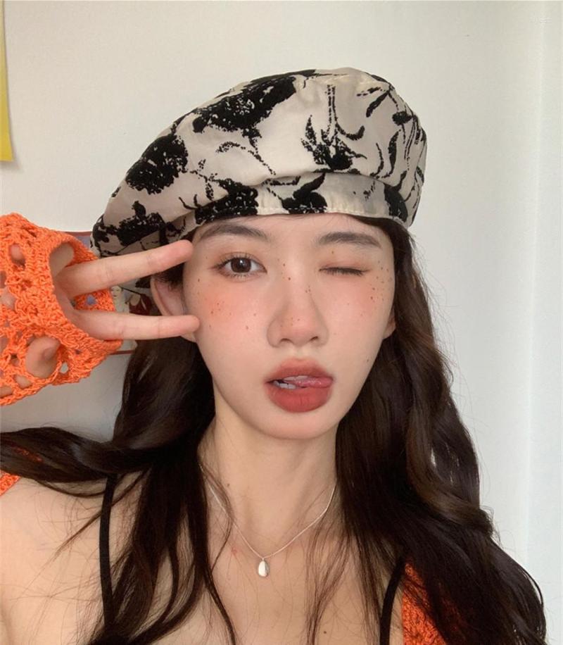 

Berets Women's Beret Hat Heavy Industry Flocking Flower Girls French Artist Painter Caps Ladies Summer Thin Octagonal, Beige