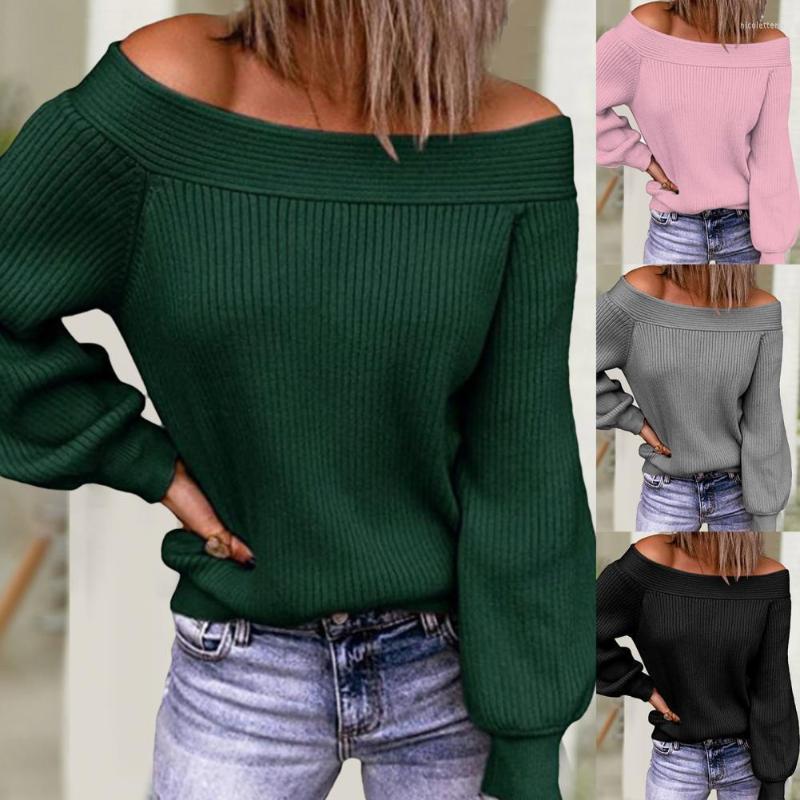 

Women's Sweaters Women Sweater Off Shoulder Lantern Sleeve Autumn Winter Slash Neck Strapless Patchwork Top Streetwear Sexy Clothing, Green