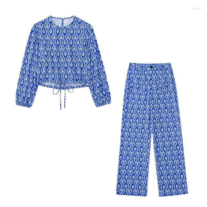 

Women's Two Piece Pants 2022 Female Clothing Fashion Long-Sleeve Lady Shirt Vintage Crew Neck Crop Top Lacing Printing Chic Woman Blouse9807, Blue