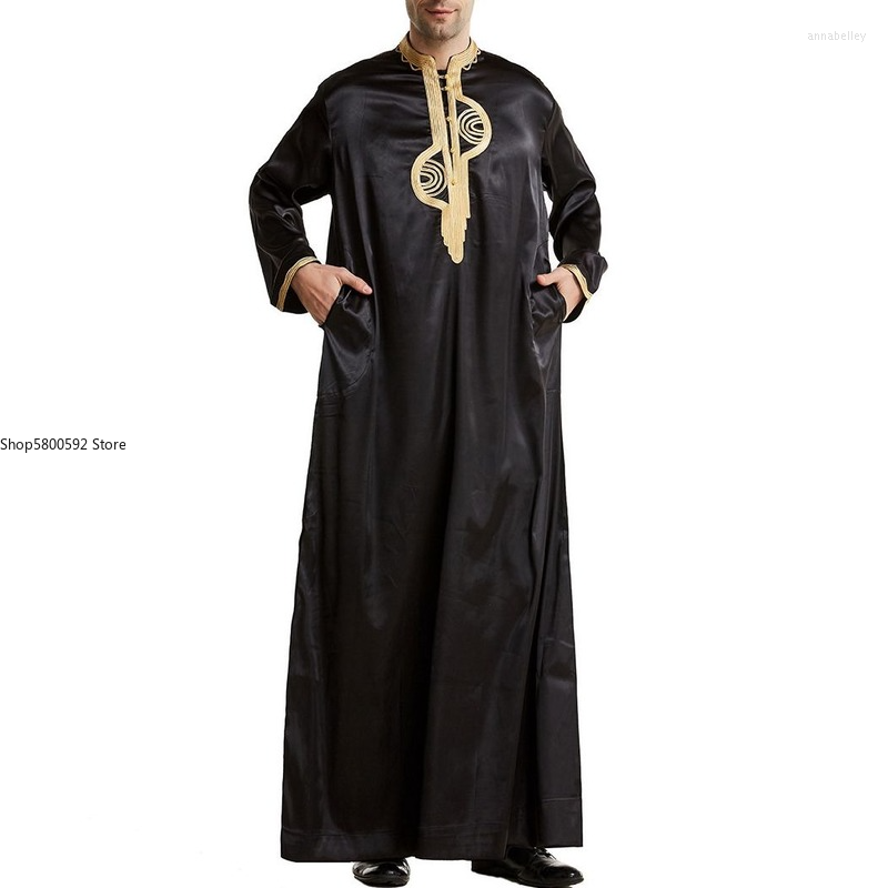 

Men' T Shirts Loose Muslim Clothing Retro Long Casual Long-sleeved Arab Middle East Stand Collar Embroidery Male Robe, White