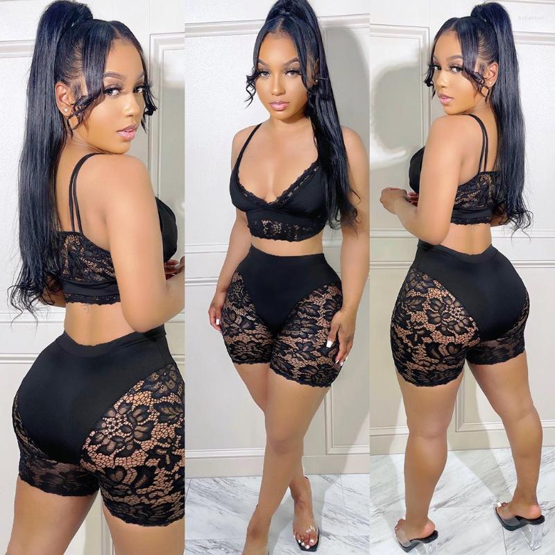 

Women' Tracksuits Floral Lace Mesh 2 Piece Sets Bikini Bra Black Crop Top Sexy V Neck Spaghetti Straps Casual Biker Short Pant 2022 Summer
