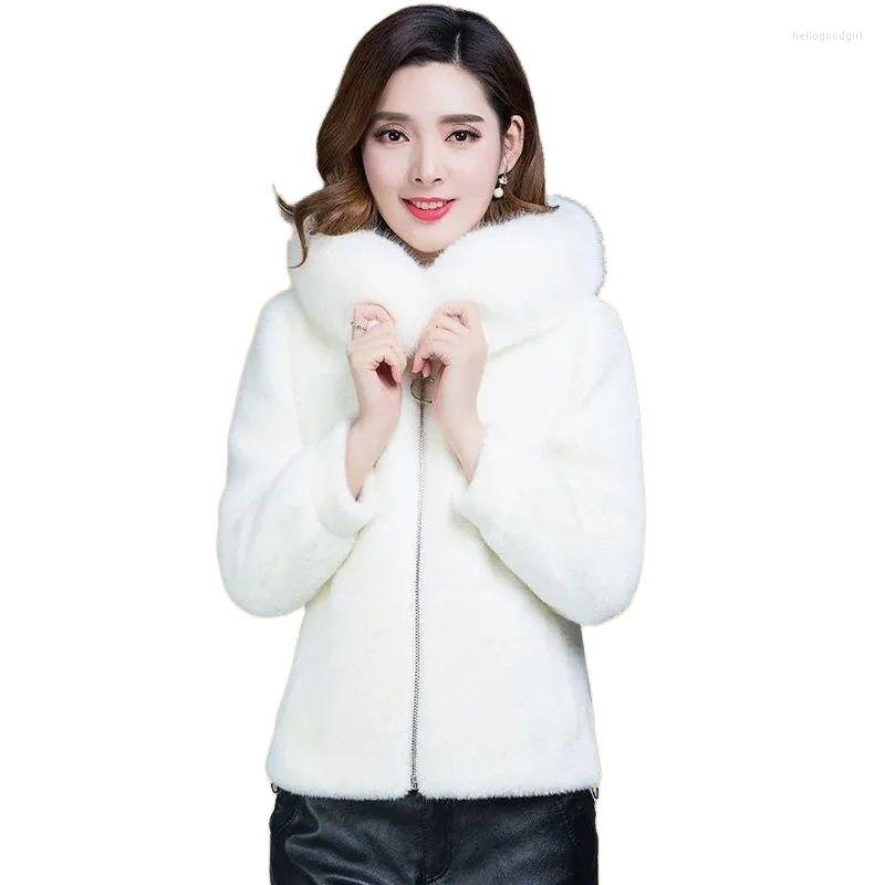 

Women's Fur Guard Against Mink Fleece CVoat Female Autumn Winter All-Match Thicken Big Collar Zipper Short Hooded Women's Sweater, White