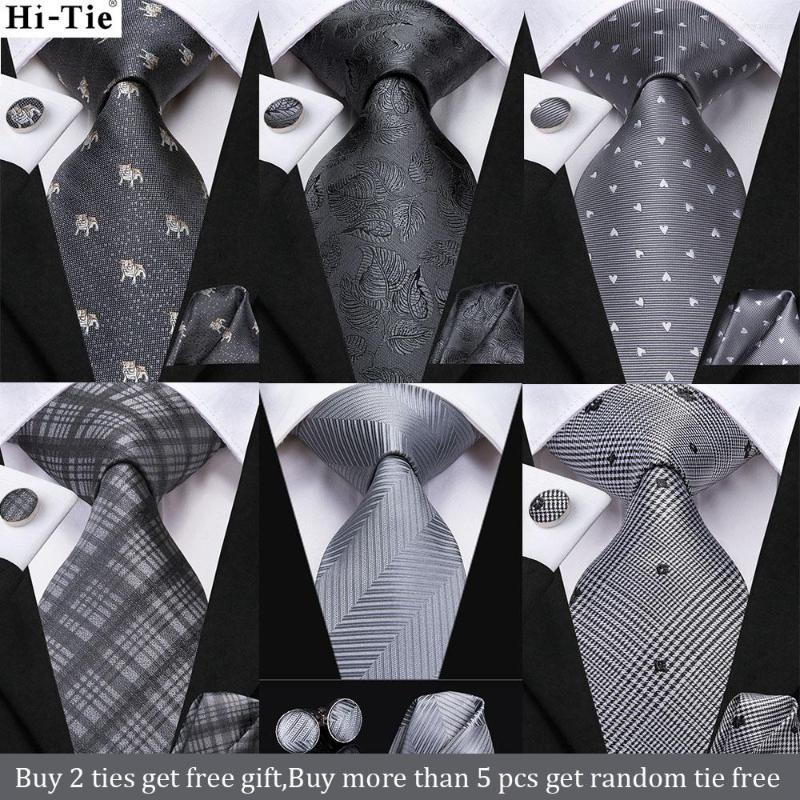 

Bow Ties Hi-Tie Fashion Designer Grey Solid Paisley Silk Wedding Tie Gift For Men Shirt Handkerchief Cufflinks Set Business Neck