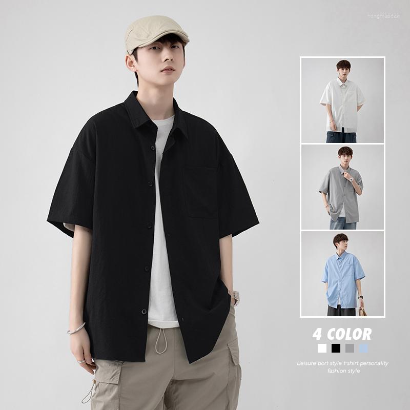 

Men's Casual Shirts Summer Men's Short Sleeve Shirt 2022 Loose Breathable Ice Silk Men Solid Color Fashion Versatile Lapel-up Male Tops, Black