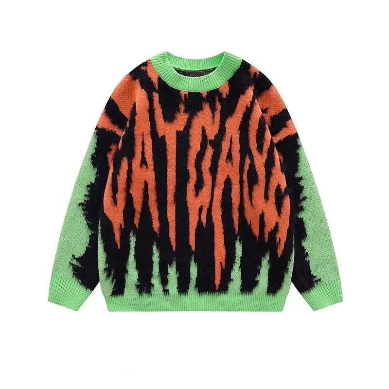 

Men Designer Sweater Autumn Korea Style Ins Street Wear Letter Print O Neck Green Contrast Hoodie Loose Oversize Women