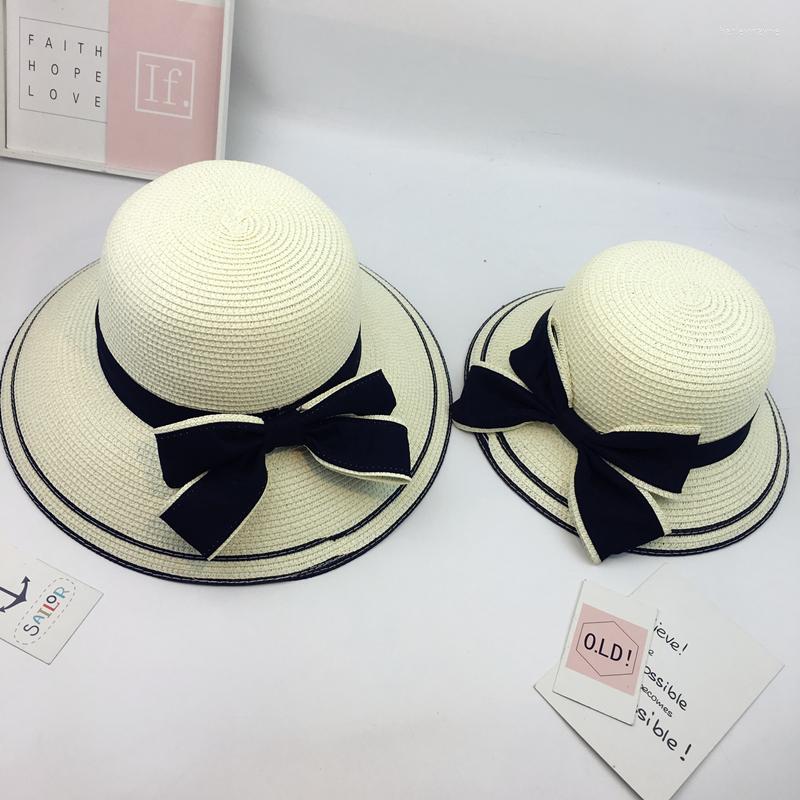 

Berets 2022 Simple Summer Parent-child Beach Hat Female Casual Panama Lady Brand Women Flat Brim Bowknot Straw Cap Girls Sun, Khaki