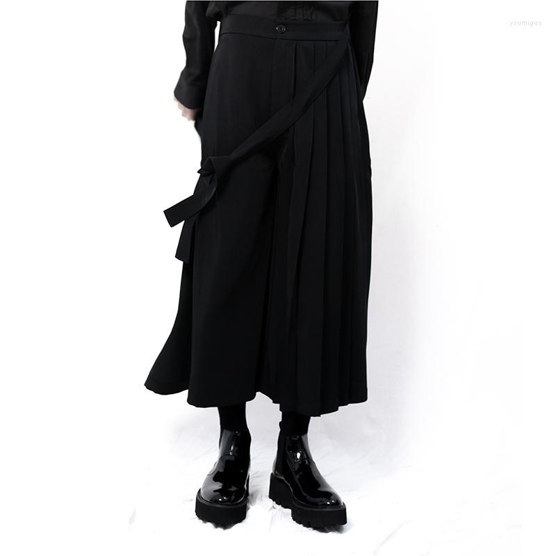 

Men' Pants Men' Black Spring Simple Casual Wide Leg Skirt Pleated Asymmetric Loose