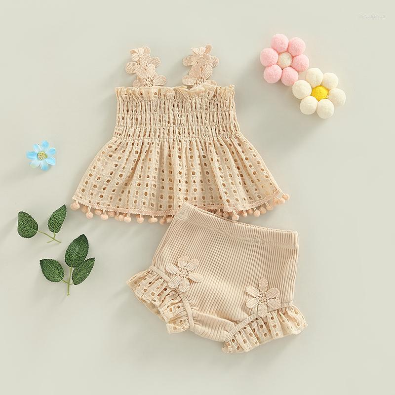 

Clothing Sets 2022 Summer Toddler Baby Girls Outfit Solid Cutout Pleated Hollow Out Tank Tops Stretch Ruffle Shorts 2PCS Clothes Set, Khaki