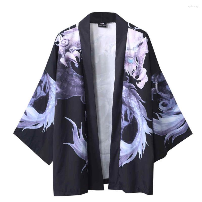 

Men's Vests Temperament Ukiyo-e Dragon Robe Kimono Robes Japanese Silky Loose Three-quarter Sleeves Unisex Jacket With The Same Paragraph, Black