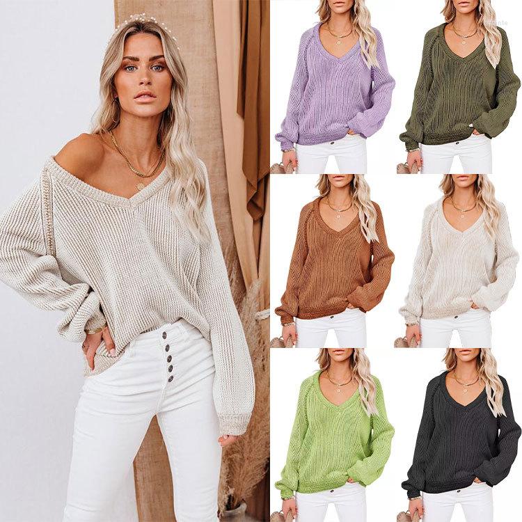 

Women' Sweaters 2022 Autumn And Winter Solid Color Sweater Off-the-Shoulder V-neck Pullover Long Sleeve For Women, Green