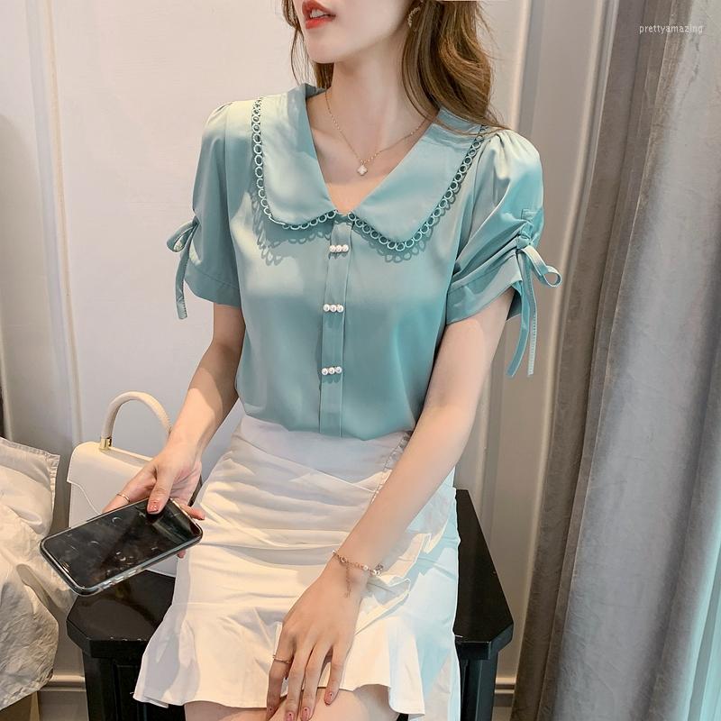 

Women' Blouses Summer Doll Collar Chiffon Shirt Short-sleeved Women' 2022 Trendy High-end Temperament Blouse, Green