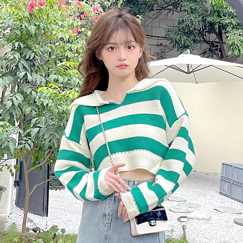

Women's Sweaters All-match Striped Thicken Lapel Pullover Hollow Crop Top Knit Sweater Female 2022 Spring And Autumn Clothing, Green