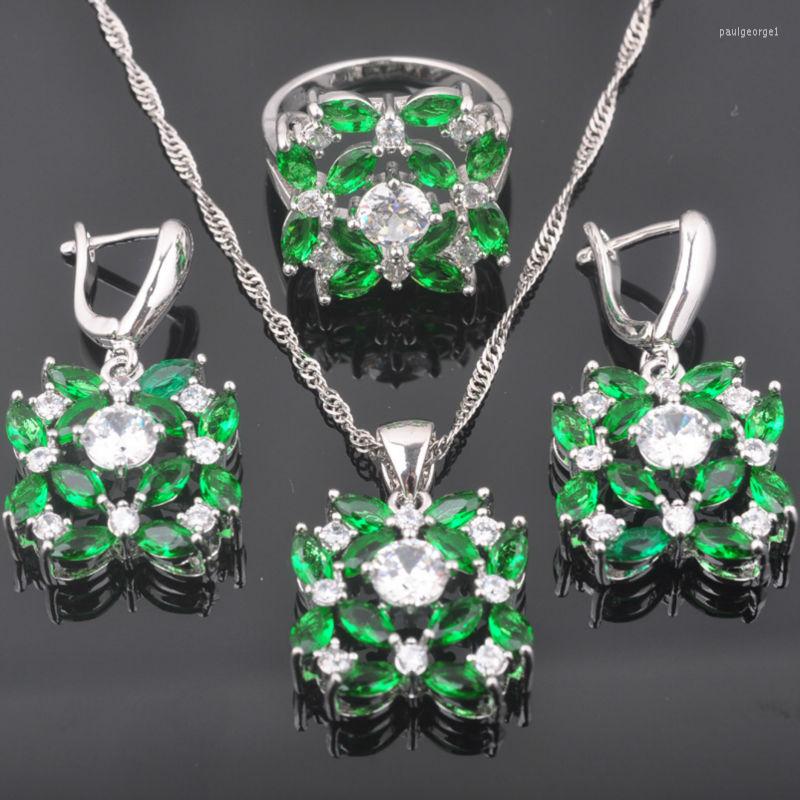

Necklace Earrings Set 2022 Perfect Green Zirconia Women's Silver Color Pendant Rings QZ0360, Picture shown