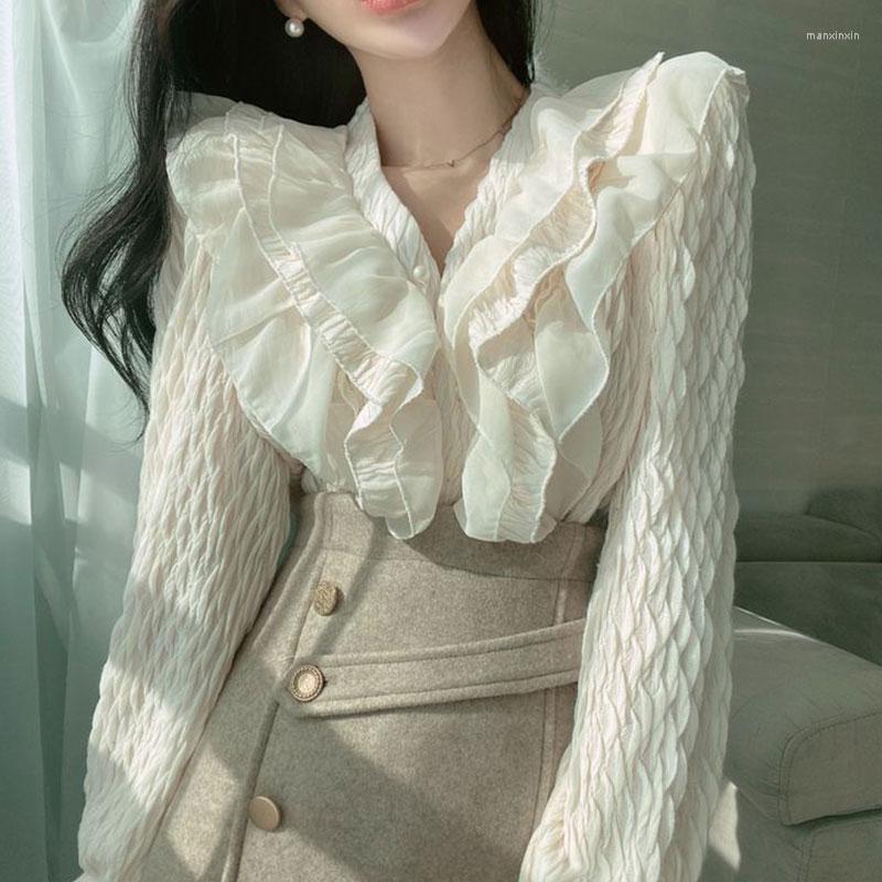 

Women's Blouses WDMSNA Autumn Elegant V-neck Blouse Women Splice Ruffle Folds Texture Flare Sleeve Ladies Shirt Korean Chic Loose Blusas, Black