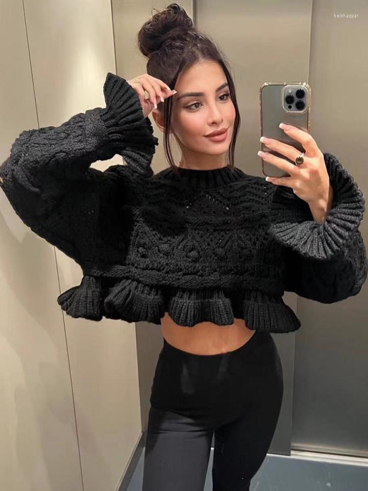 

Women' Sweaters PUWD Women Black Stripe Irregular Knitted Fabric Top 2022 Fall/Winter Ladies Vintage O-Neck Sweater Loose Female Chic