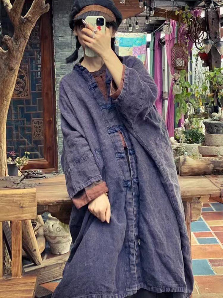 

Women's Trench Coats Women High Quality Linen Coat Gray Blue Loose Button Vintage Outerwear 2022 Autumn V-Neck Bat Sleeve Female Cardigan