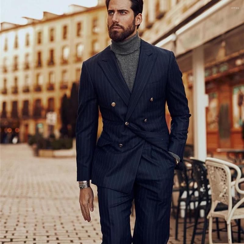 

Men's Suits Navy Blue PinStripe Mens Sutis With Double Breasted Slim Fit Formal Business Office Wear 2 Pieces Set Wedding Groomsmen Tuxedo, Same as image