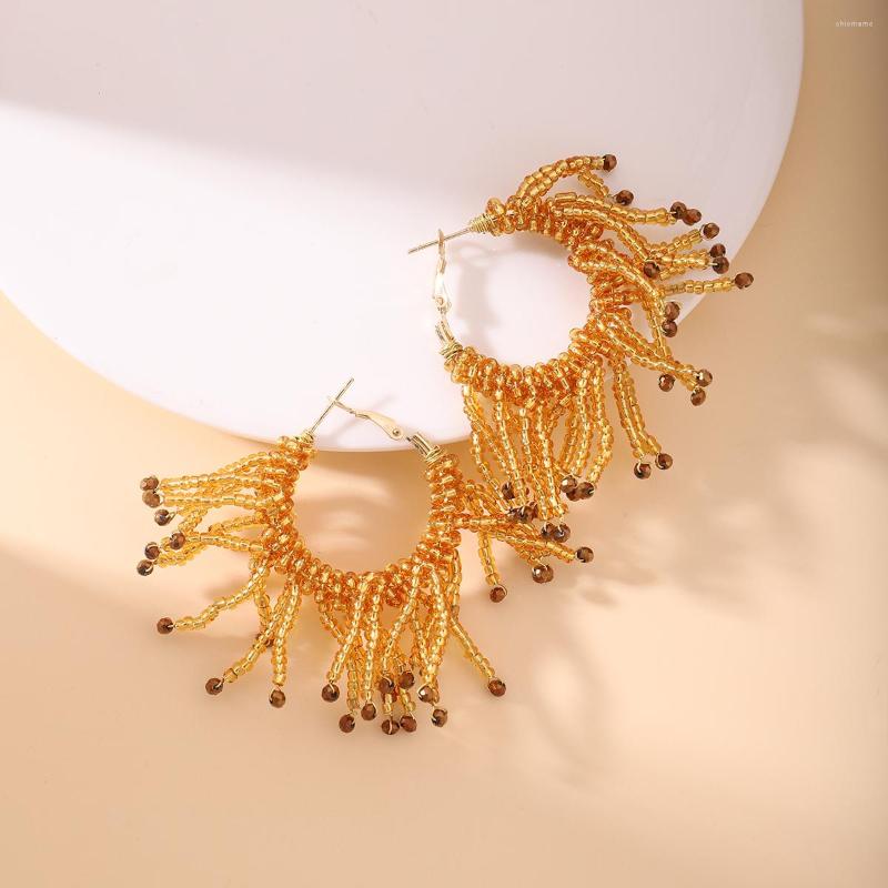 

Hoop Earrings Dvacaman Exaggerated Hand Beaded Tassel Retro Bohemian Ethnic Braided Rice Bead For Women Party Jewelry