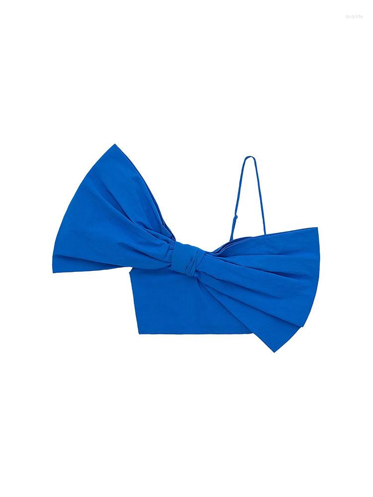 

Women's Tanks YLJHQX 2022 Summer Women Fashion Solid Oversized Bow Decoration Suspenders Sexy Sleeveless Asymmetric Collar Short Chic Top, Blue