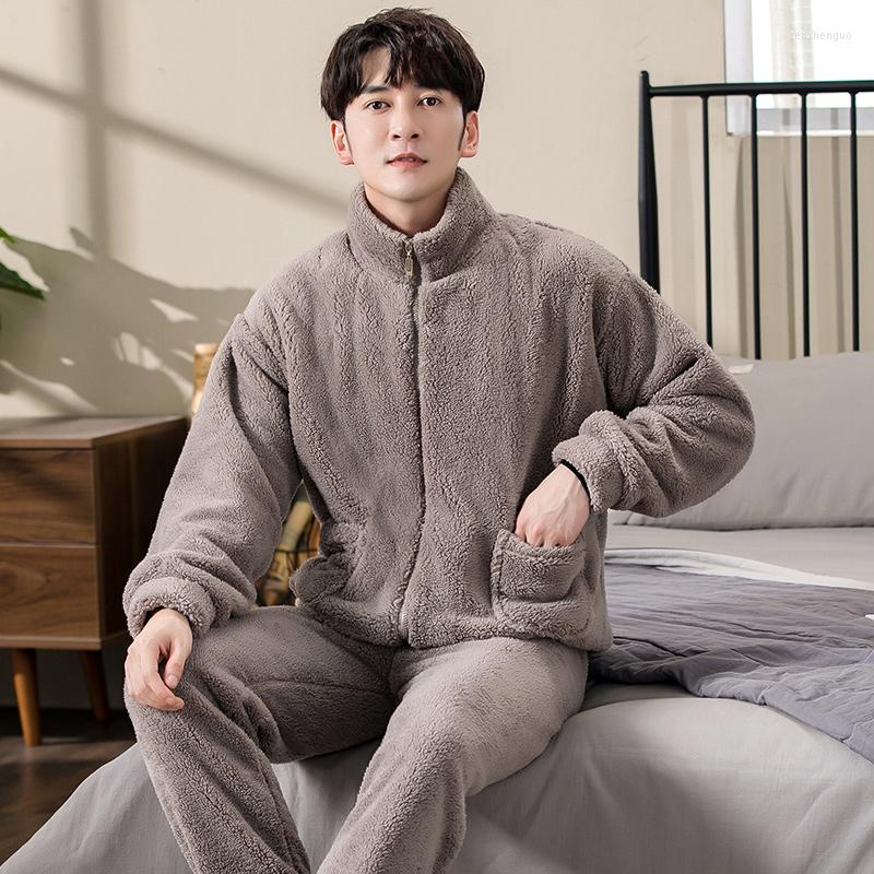 

Men's Sleepwear With Zipper Men's Autumn And Winter Thick Flannel Pajamas Sets Long Sleeve Fashion Style Solid Warm Big Yards Pijamas, Tm3502