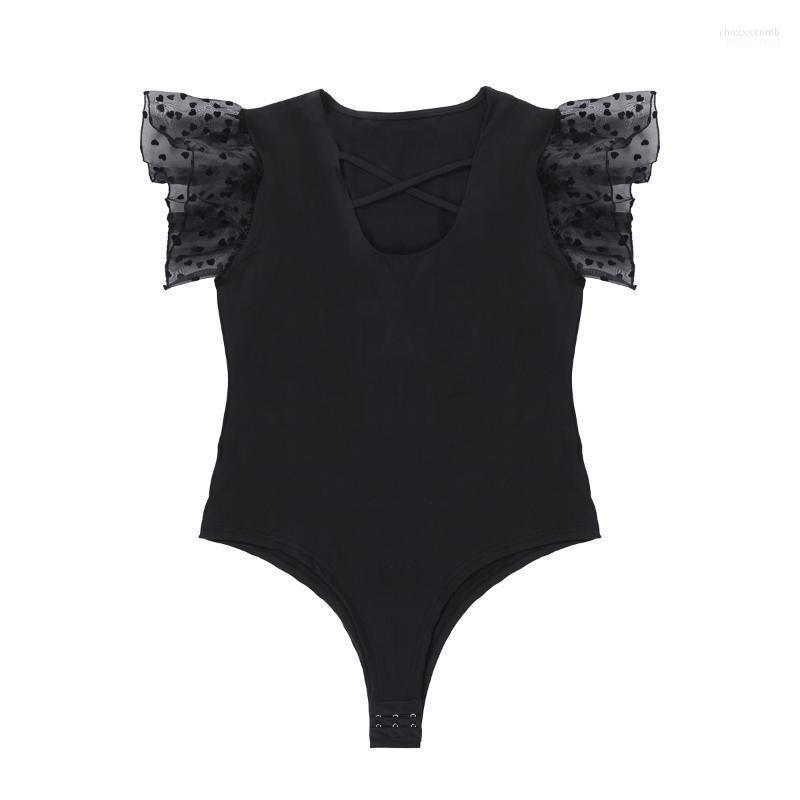 

Women' Jumpsuits Women' & Rompers Mesh See Through Sleeve Patchwork Bodysuit Jumpsuit Women V-neck Heart Print Hollow Out Black