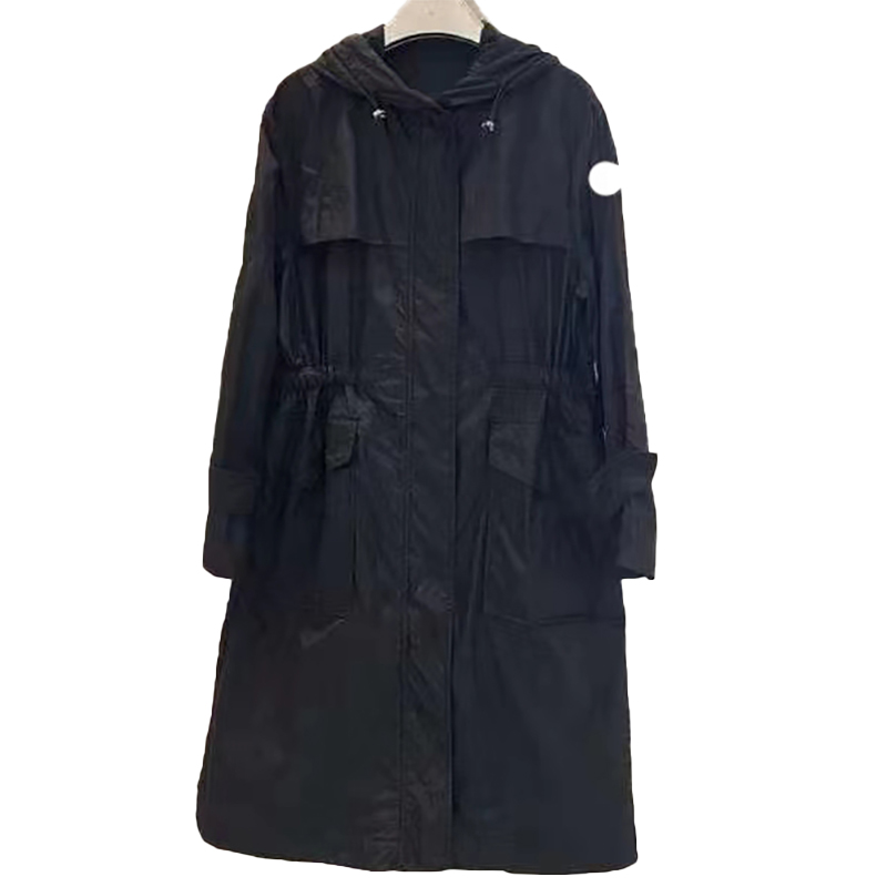

Designer Womens Trench Coats Embroidered badge Women's medium length free drawstring belt H-shaped loose hooded windbreaker Lightweight windbreaker jacket, Black