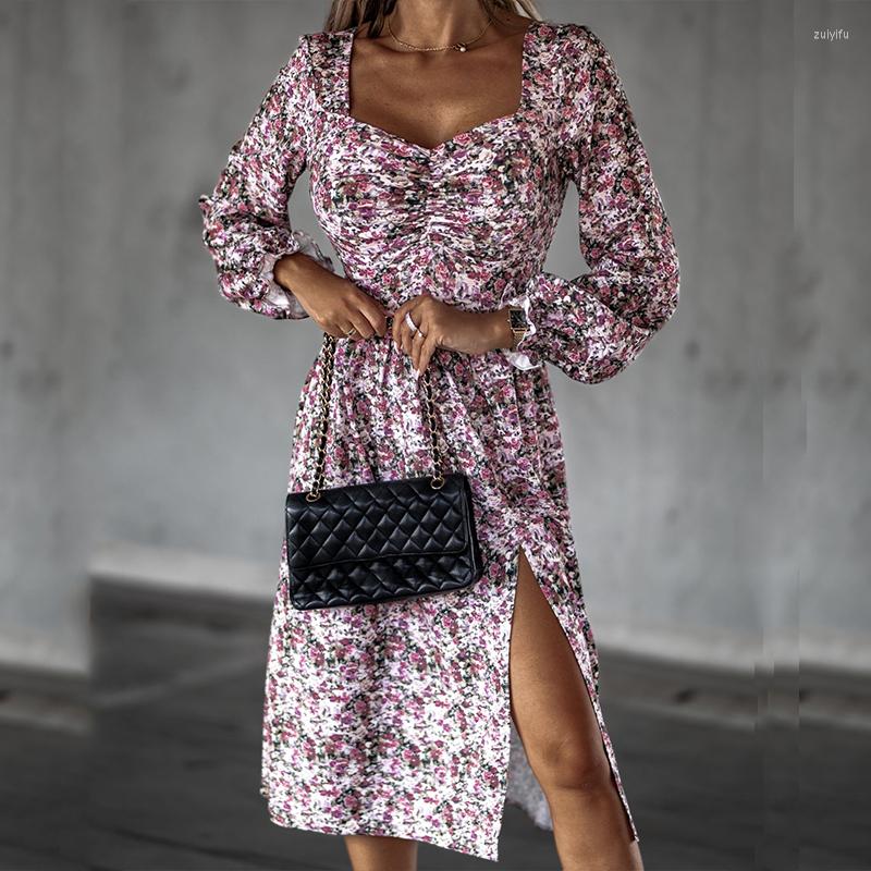 

Casual Dresses 2022 Spring Long Sleeve V-Neck Waist Holiday Dress Boho Floral Print Slit Retro Sweet Wrap Midi Beach For Women, 06 green print