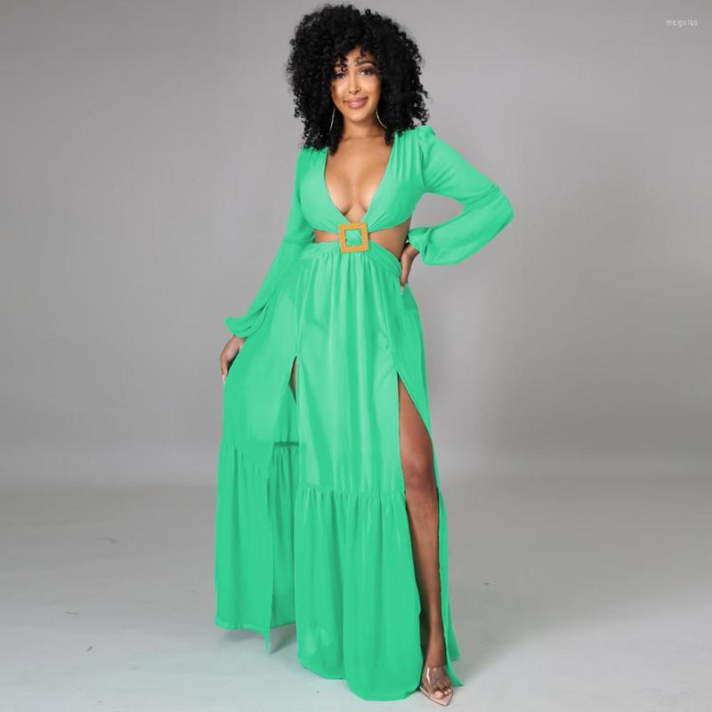 

Casual Dresses Yellow Green Summer Women Bohemian Long Dress Vintage Deep V Neck Sleeve Holiday Sexy Double High Split Beach