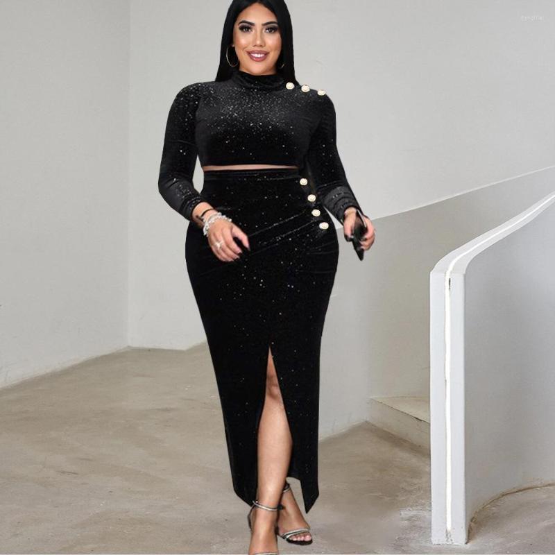 

Plus Size Dresses Fake Two Piece Dress Long Sleeve Sexy Split Style Women's Fashion Slim Fit Nightclub Waist Skirt 4xl, Black